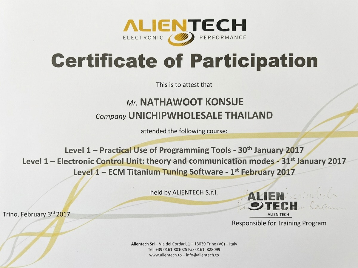 Alientech Certificate of Participation Level 1 — Programming Tools & ECM Titanium 2017