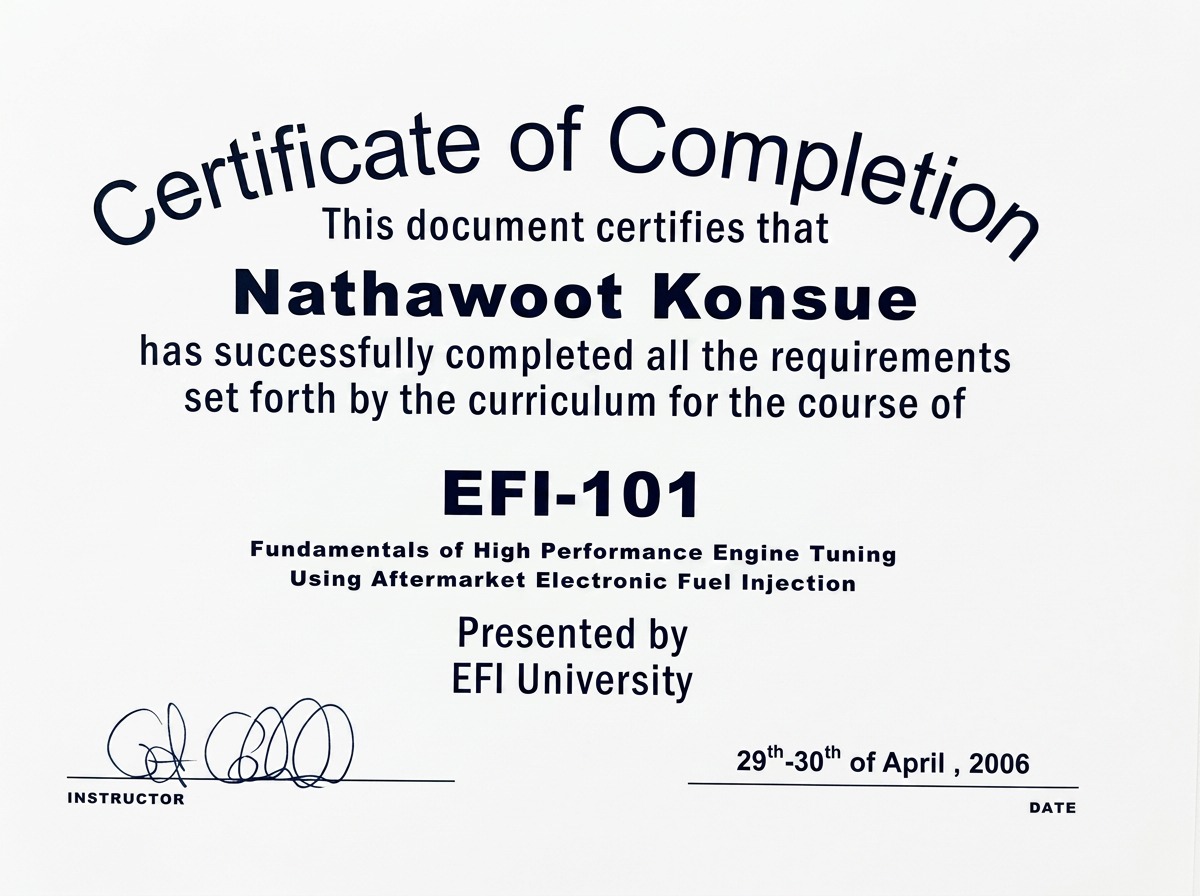 EFI University Certificate of Completion — EFI-101 Fundamentals of High Performance Tuning 2006